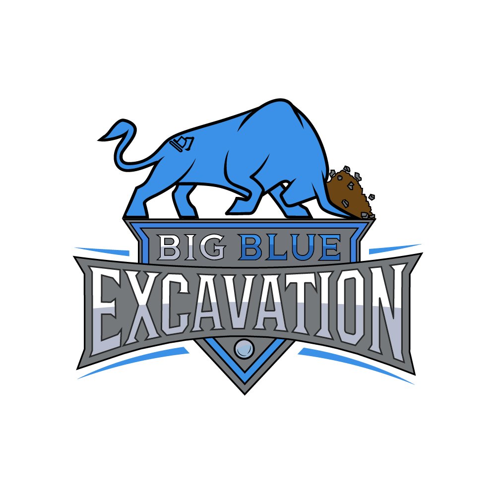 The Big Blue Excavation logo featuring a big blue ox, branded with an excavator on its backside, moving rubble off the top of the name of the company.